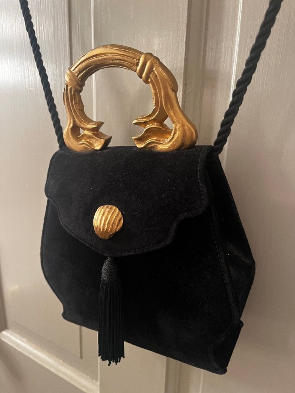 Vintage Columbine Black Suede Gold Handle Tassel Evening Crossbody Bag